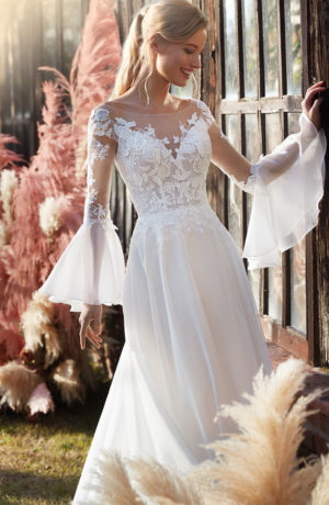 Abito da sposa scivolato componibile in chiffon e pizzo con maniche chandelier staccabili